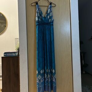 Full length dress blue navy teal print